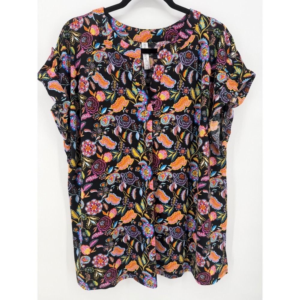 Dear Scarlett Womens 2X Floral Paisley Split Neck Short Sleeve Blouse Black NWT